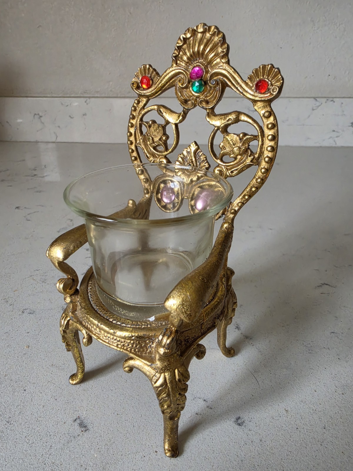 Rare Vintage Baroque Style Gold Cast Metal Ornate Princess Throne W/Glass Votive