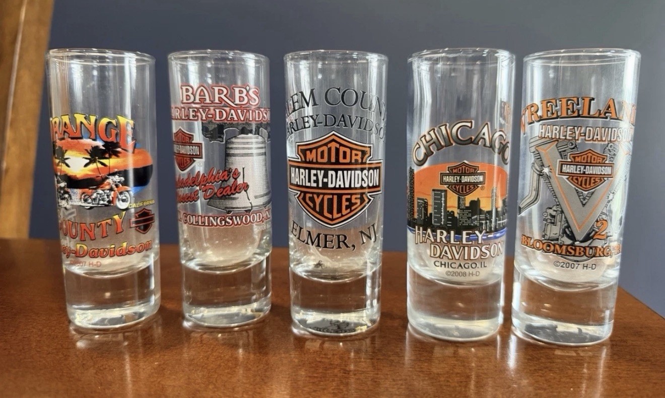 Lot Of 34 Harley Davidson Dealership Shot Glasses