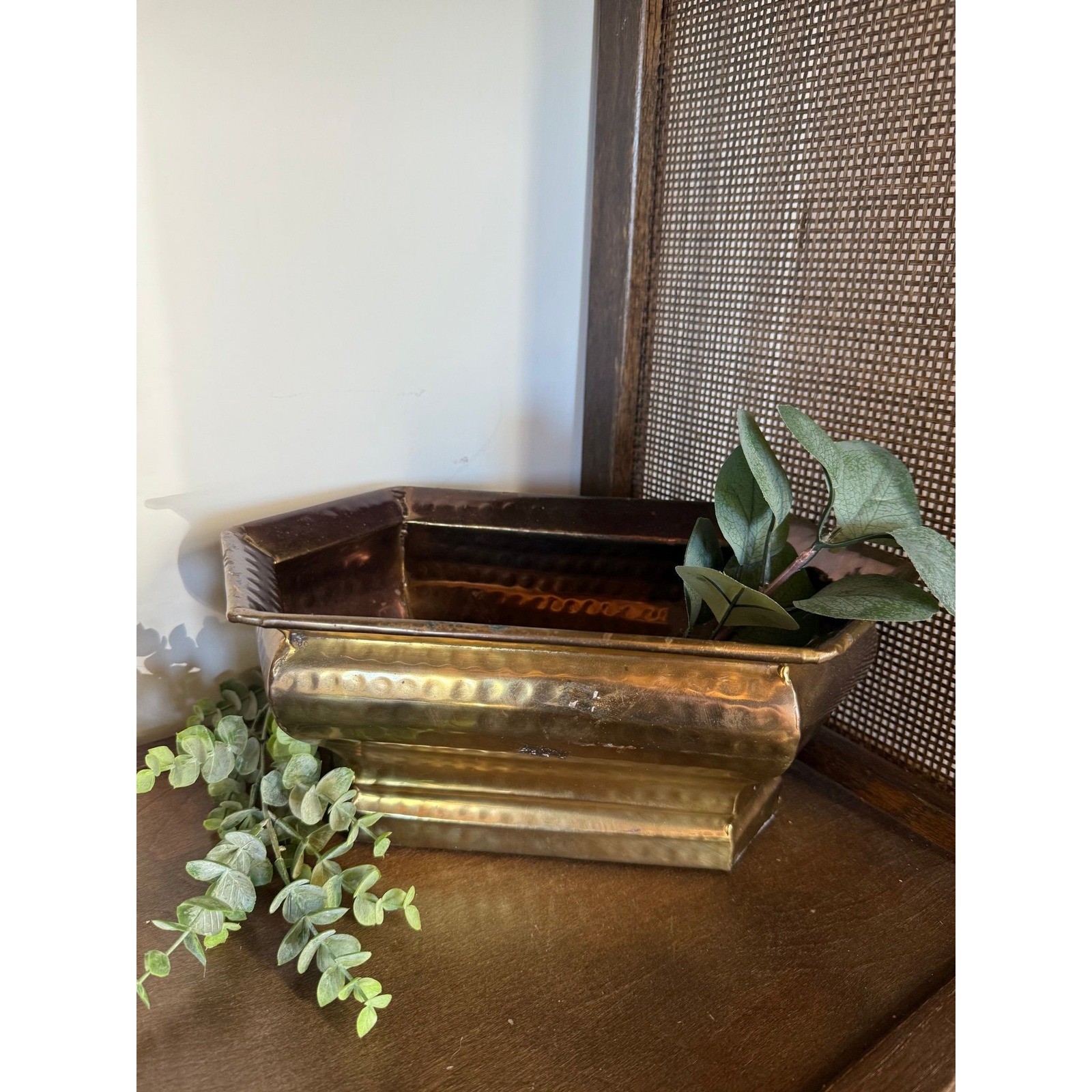 Vintage Hammered Brass Rectangular Hexagon Planter Trough