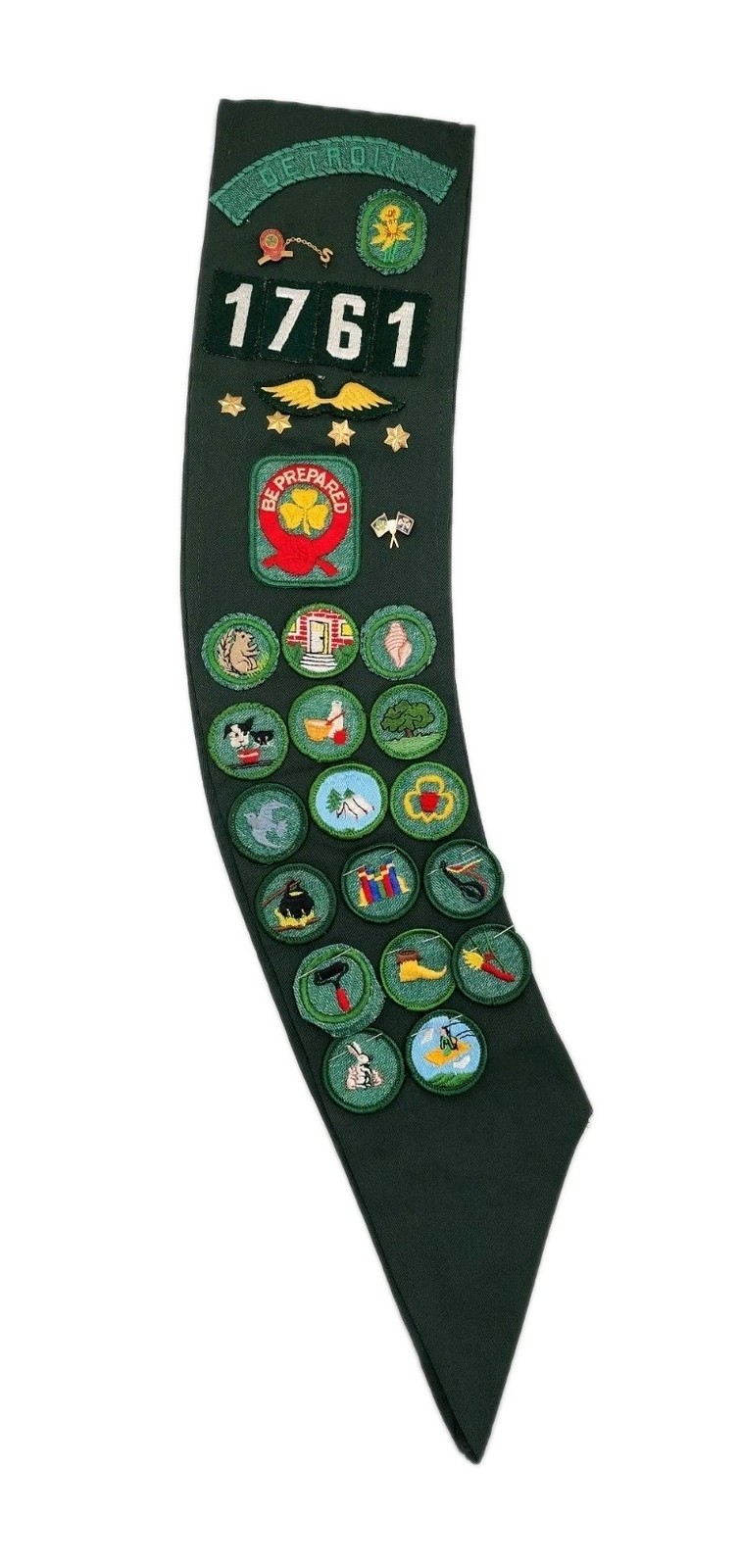 1950's Detroit 1761 Girl Scout Sash With Merit Badges Pins Vintage