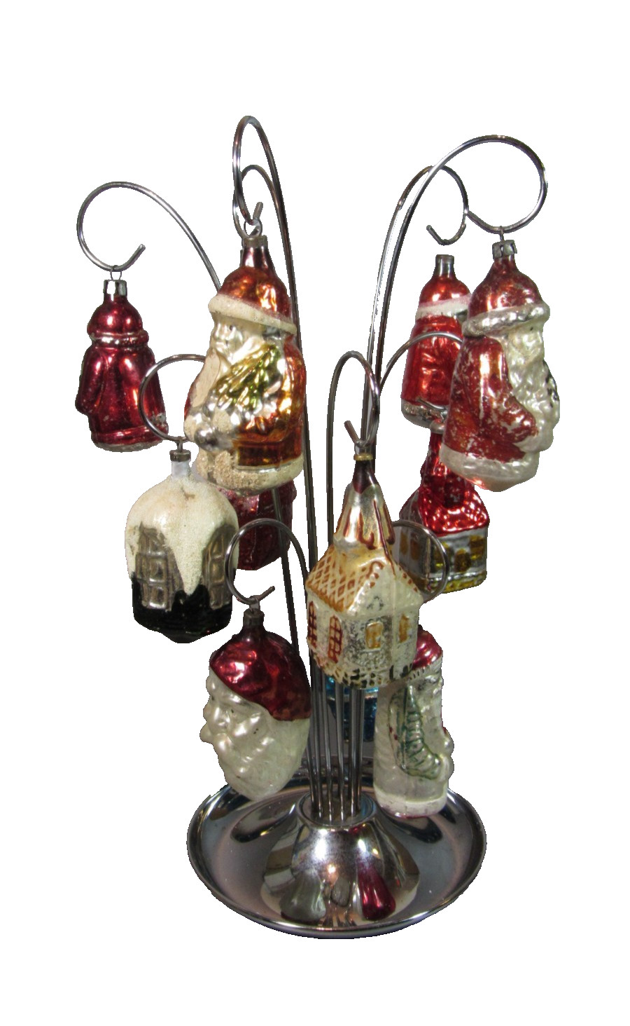 VTG Antique 12 Variety Assorted Mercury Glass Ornaments Santa Claus, Houses 40\'s