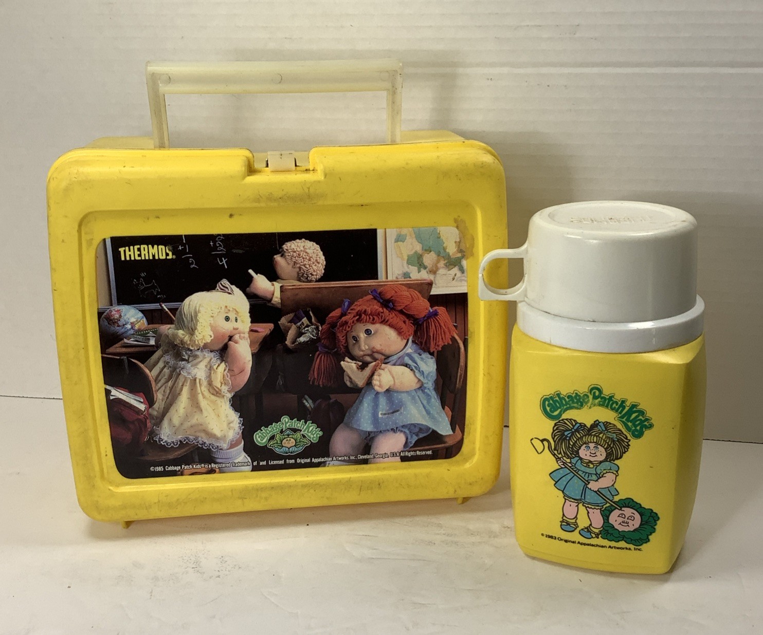 Vintage 1985 Cabbage Patch Kids Plastic Lunch Box Yellow Thermos