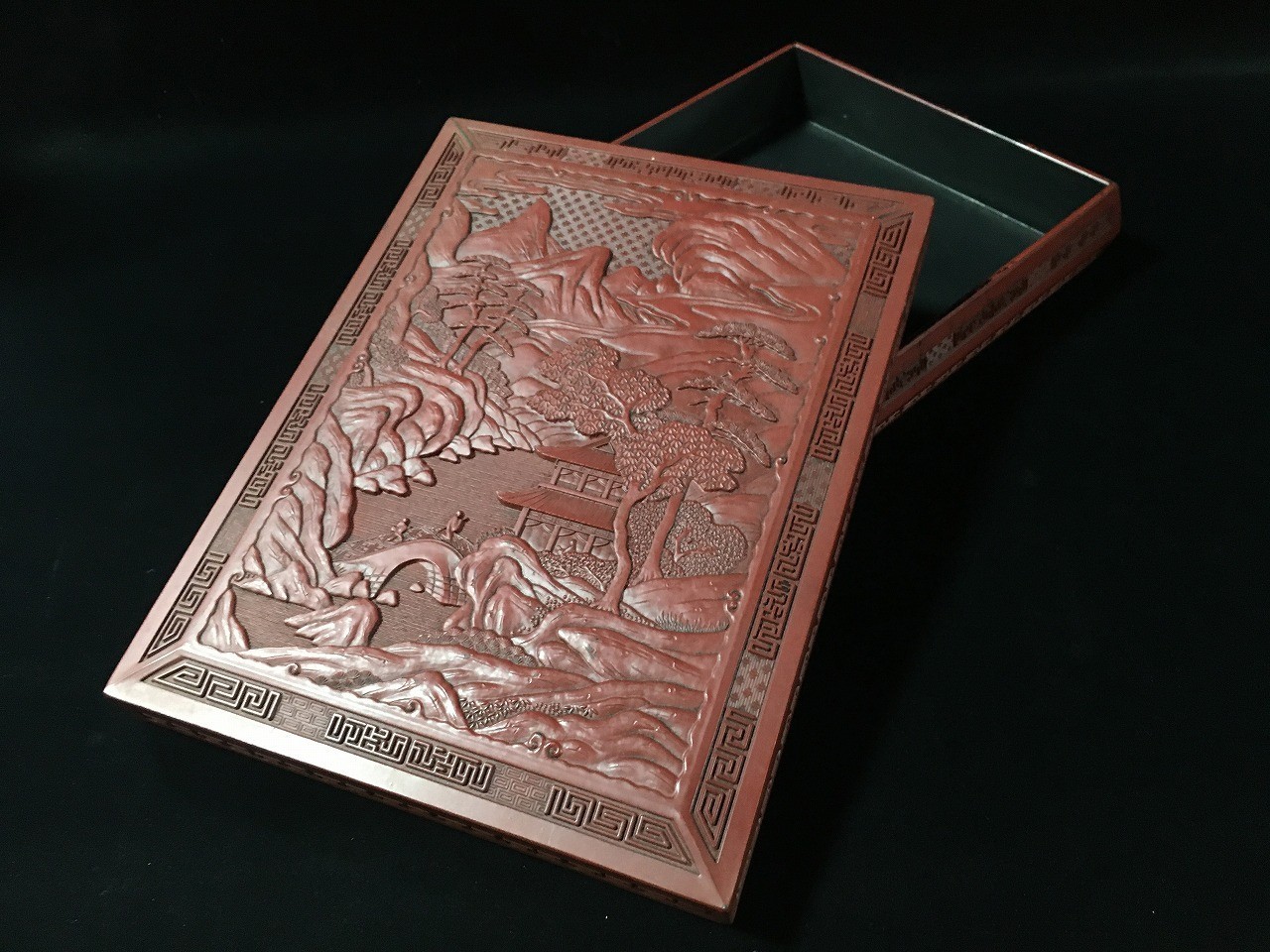 T1820 Vintage Chinese Carved Lacquer Box Landscape Design Resin