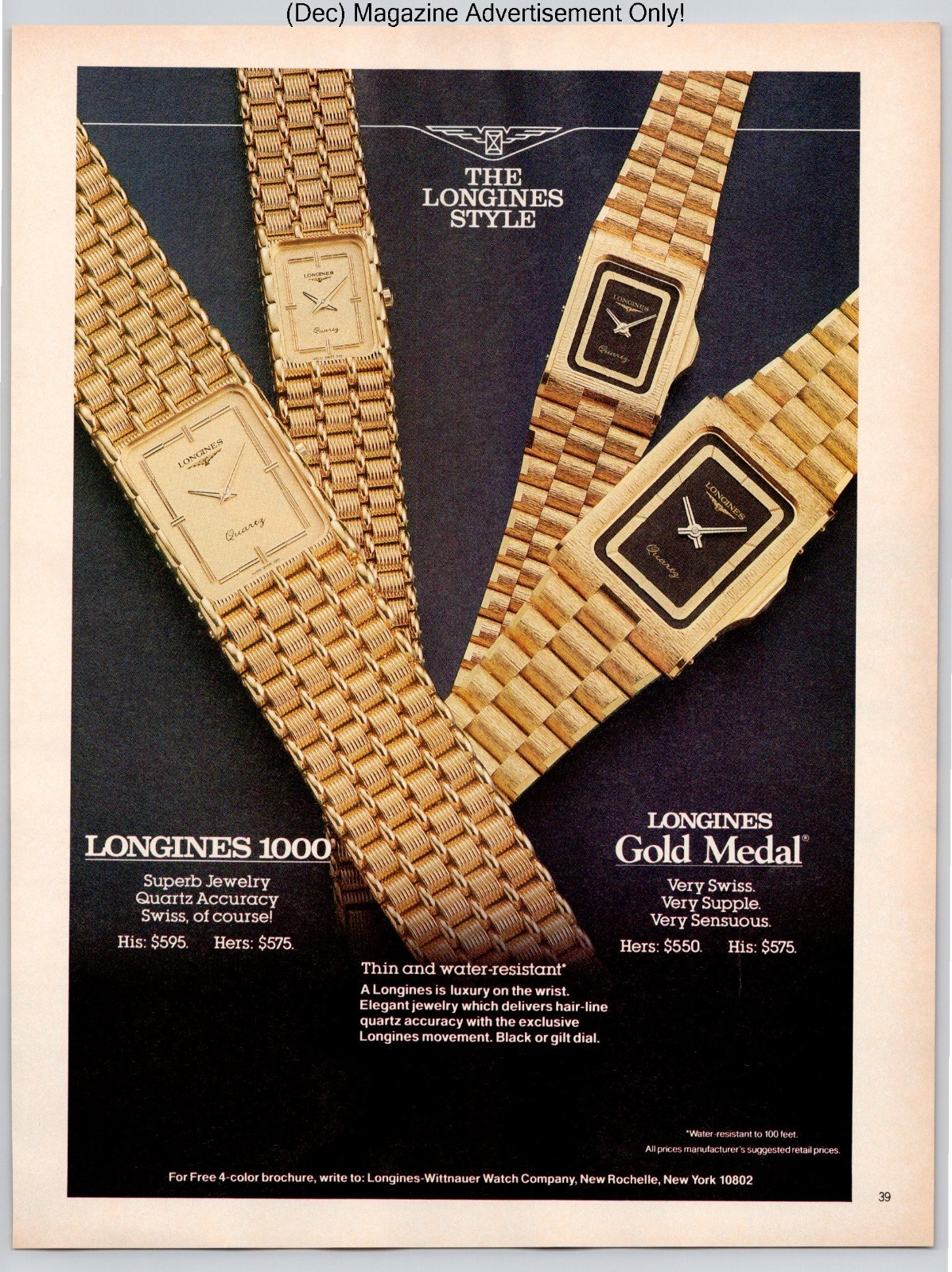 Longines Gold Quartz Jewelry Swiss Luxury Elegant Watches 1986 Advertisement