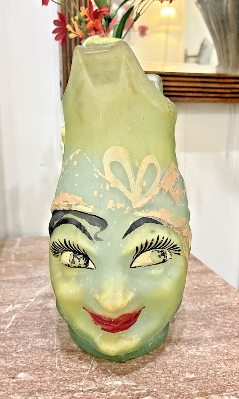 Hand Blown Mexican Pulque Figural Painted “Mae West” Pitcher C.1930\'s 11”x8”x8”