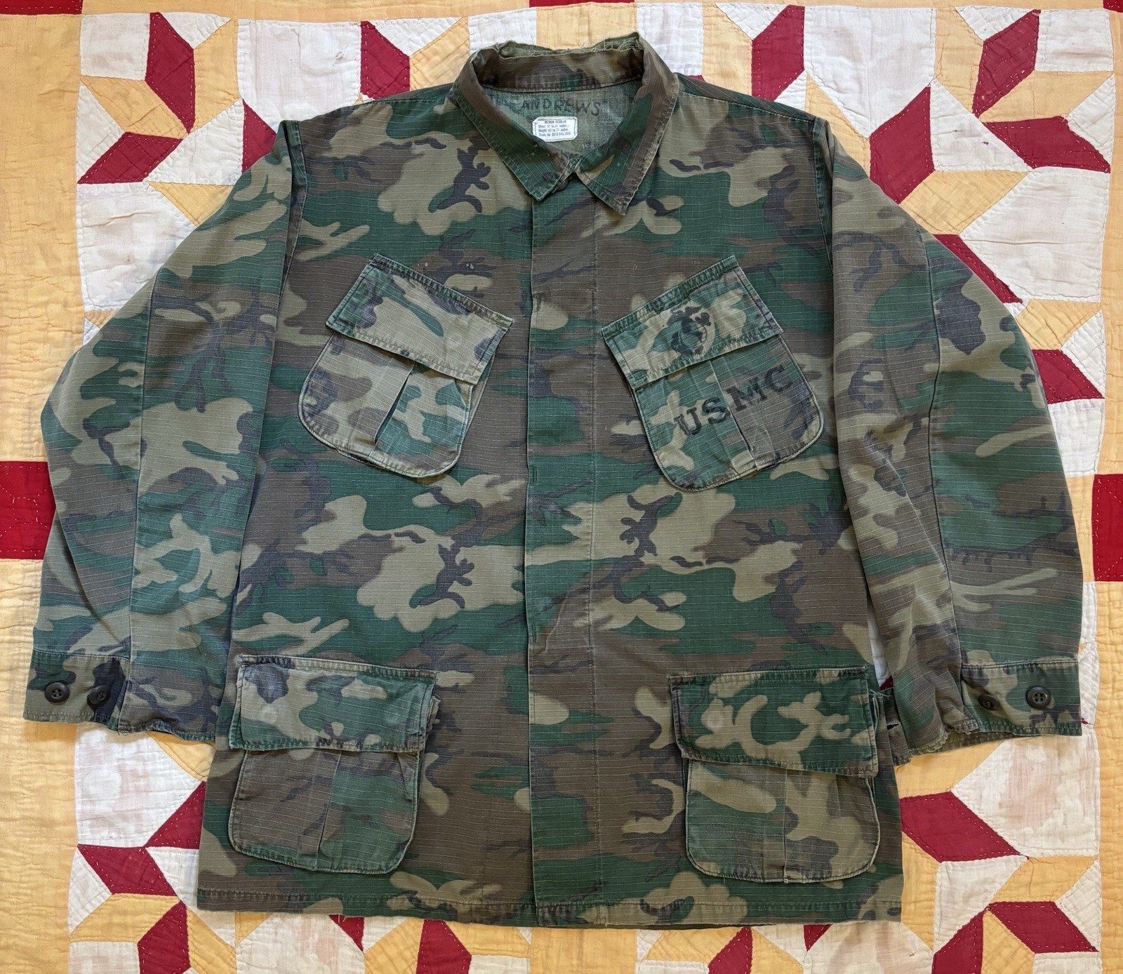 Vintage 70s USMC Jungle Jacket ERDL Camo Stencil Medium Regular Vietnam Marines