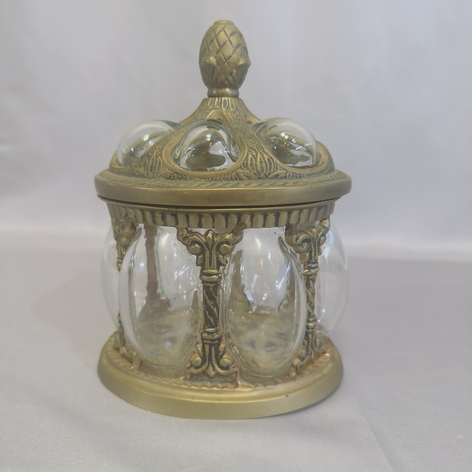 Vtg Solid Brass & Hand-Blown Bubble Glass Dome Caged Apothecary Jar 7.25\