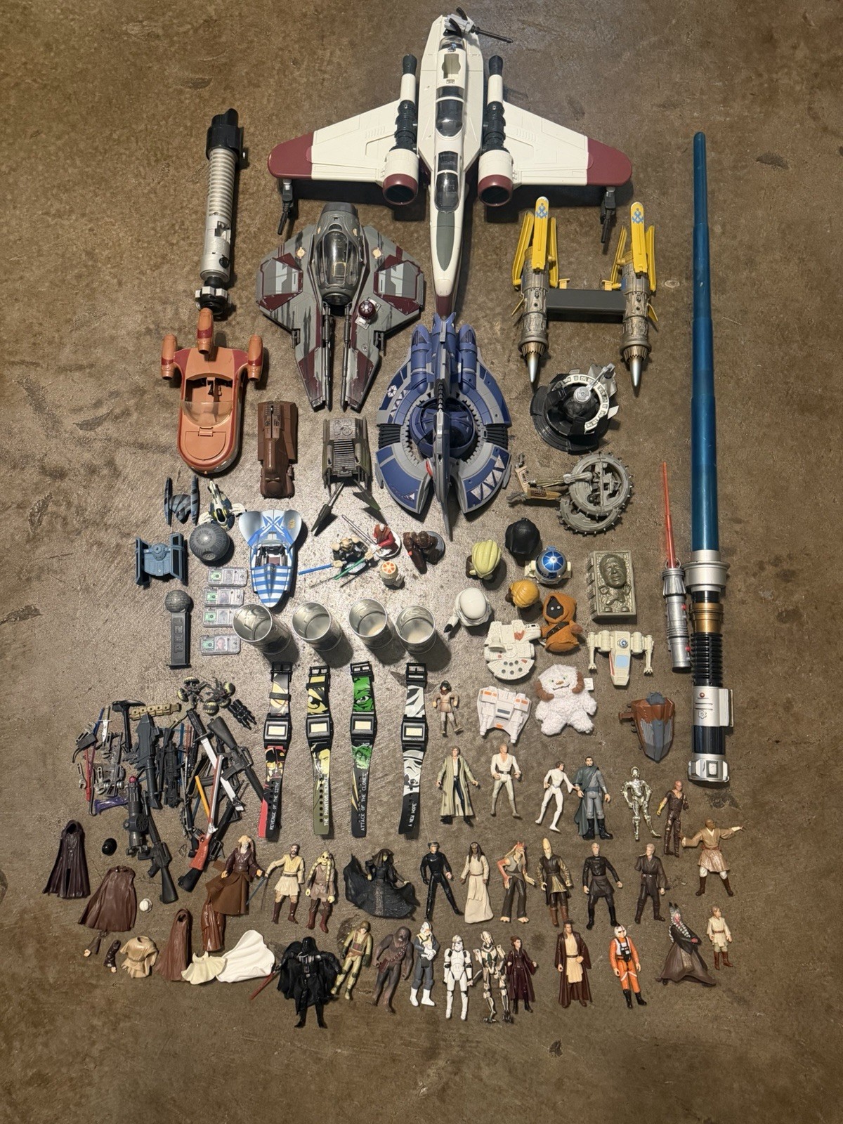 Huge Vintage Lot Of Star Wars 2000s 1970s Aircraft Vehicles Lightsaber Figures