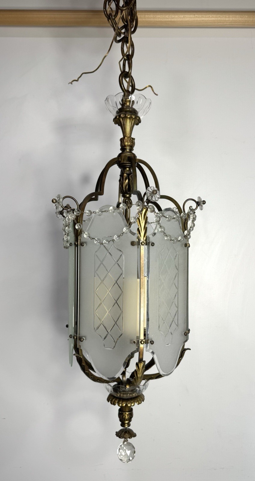 Vintage French Pendent Hanging Light Fixture Gold Brass Glass Panels 