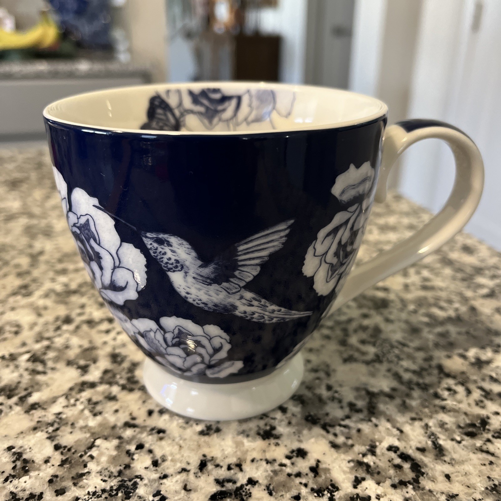 English Mug Co. Footed Coffee Mugs Blue & White Floral Hummingbird Fine China