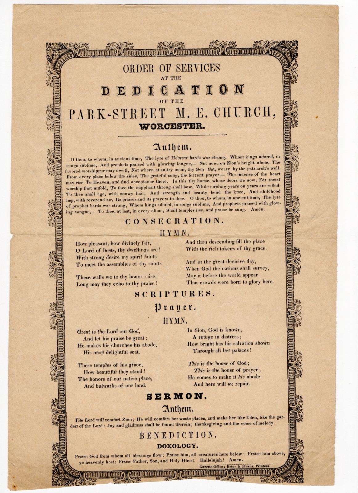 1845 Worcester MA Park Street ME Church Dedication Broadside Estey Evans Printer