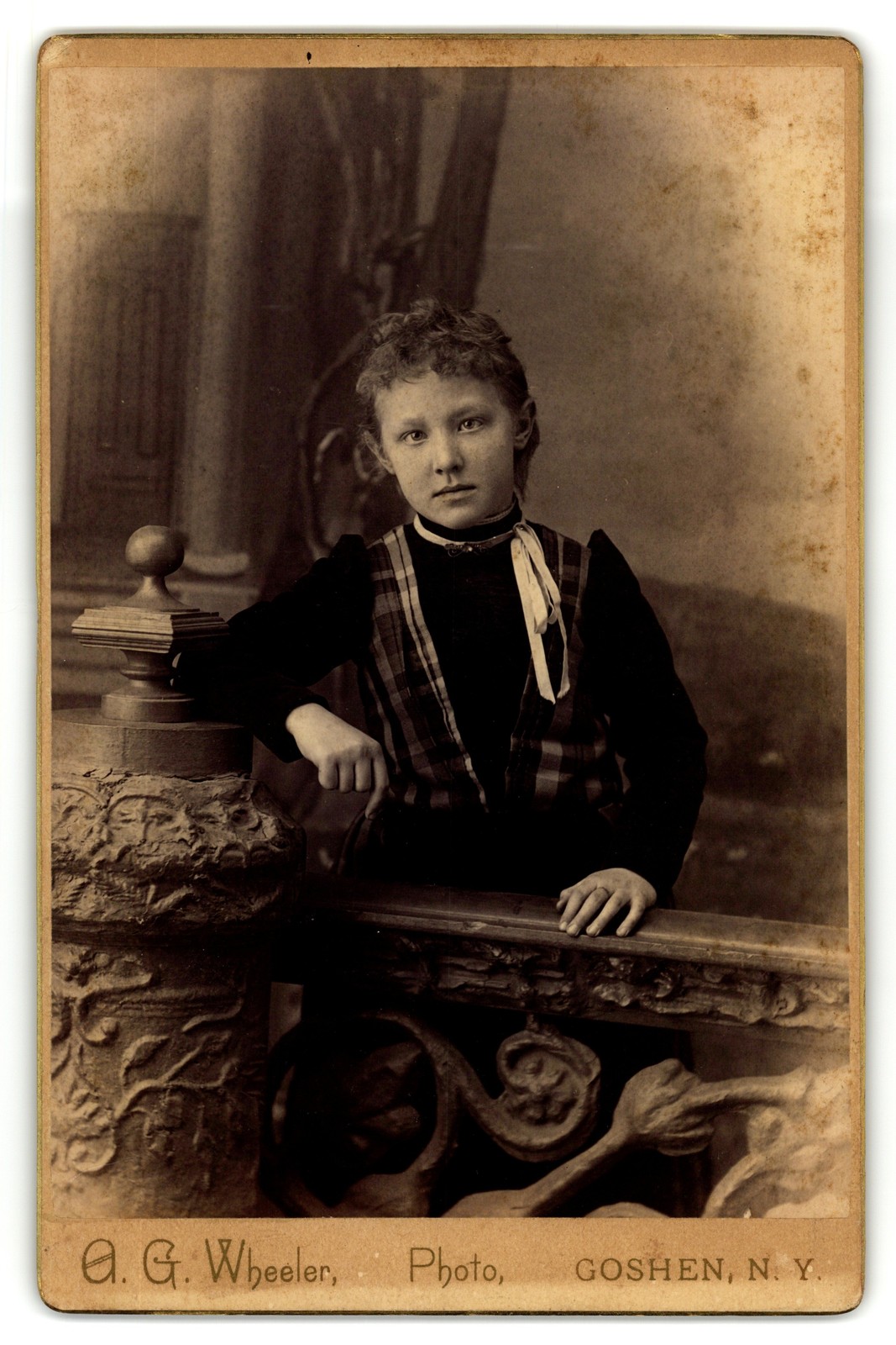 Cabinet Card Circa 1880s A. G. Wheeler Girl Plaid Vest Ornate Railing Goshen Ny