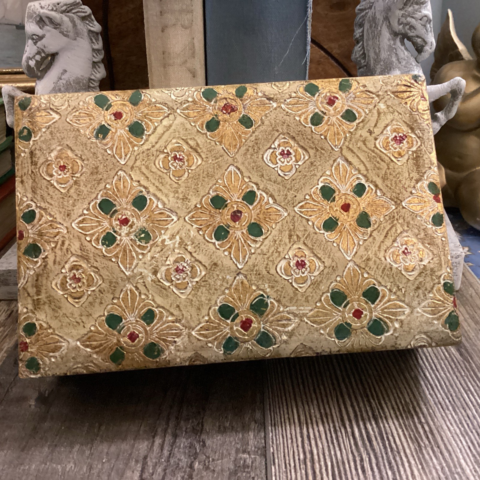 Vintage Italian Florentine Hand Carved & Painted Gold Leaf Jewelry Trinket Box