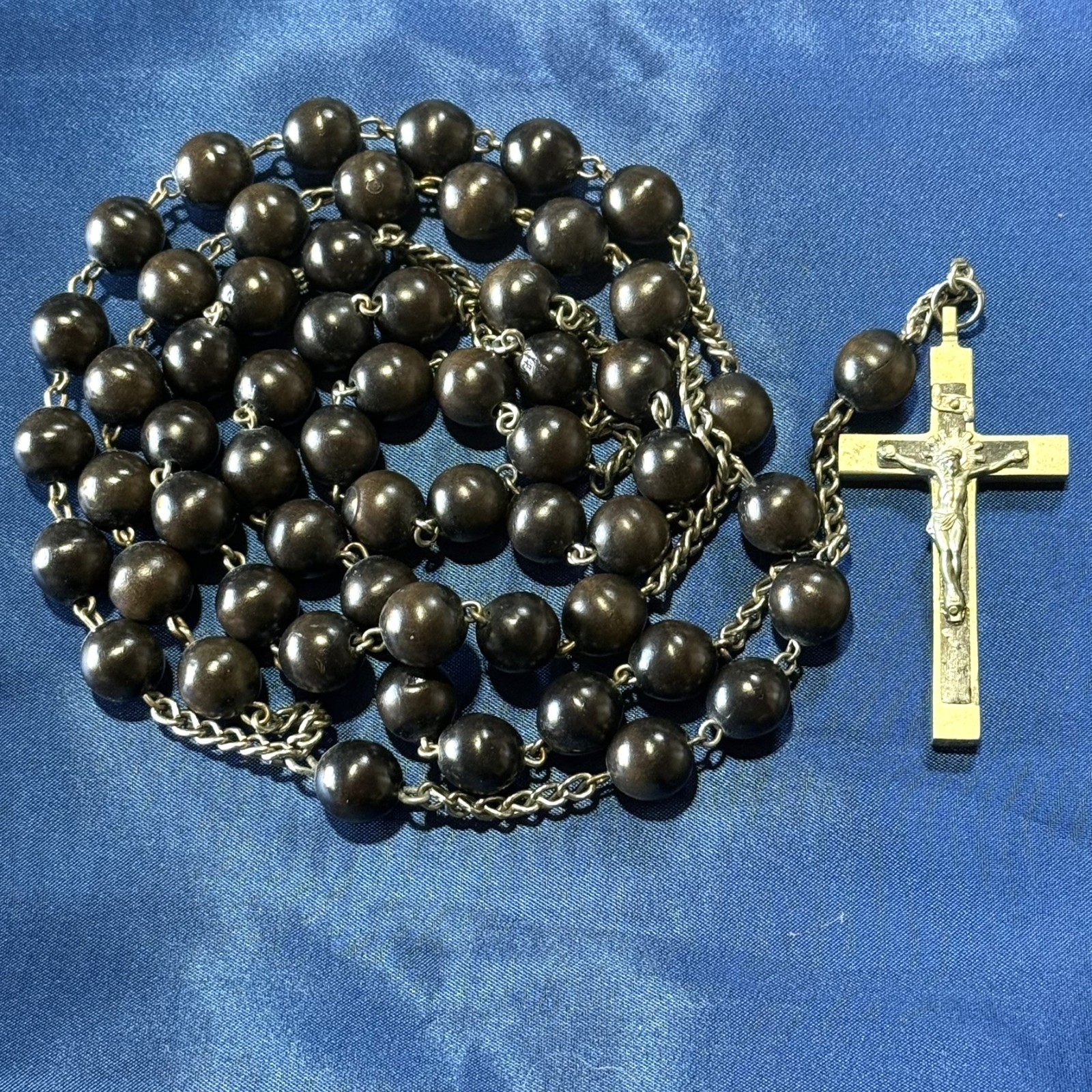 Vtg Antique 12.5mm Ebony Wood Bead Rosary with Pectoral Crucifix from France