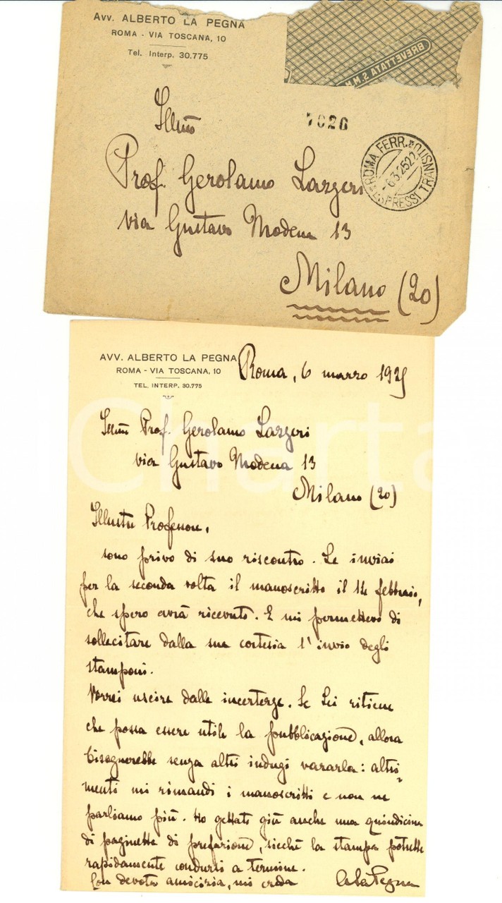 1929 ROME Alberto LA PEGNA attempts his career as a writer - AUTOGRAPH