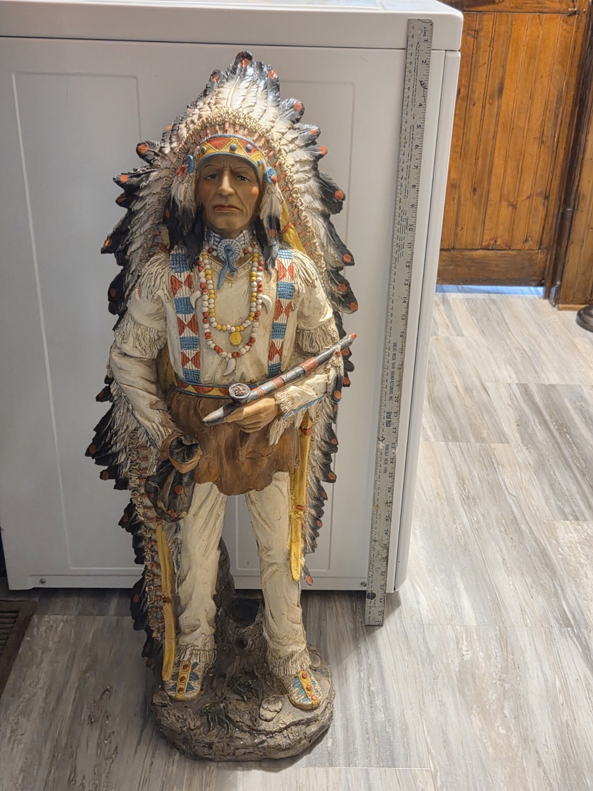 Native American Chief Sculpture Figurine with Headdress and Pipe