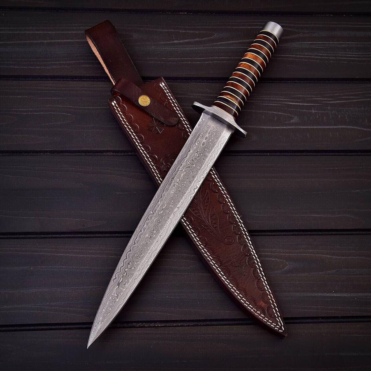 Custom Handmade Damascus Rain Drop Hunting Dagger Knife with Leather Sheath