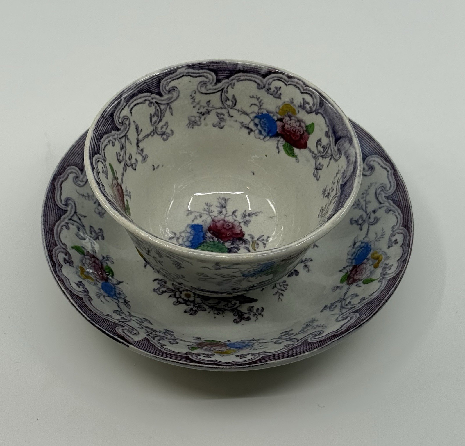 Antique Edward Challimor Florilla Pattern Ironstone Handleless Cup And Saucer 