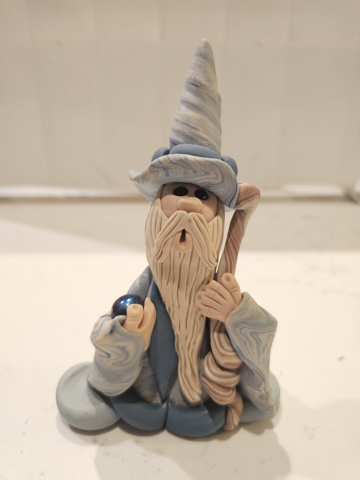 Vintage Figural Blue Swirled Wizard W/ Crystal Ball - Hand Crafted Artist Signed