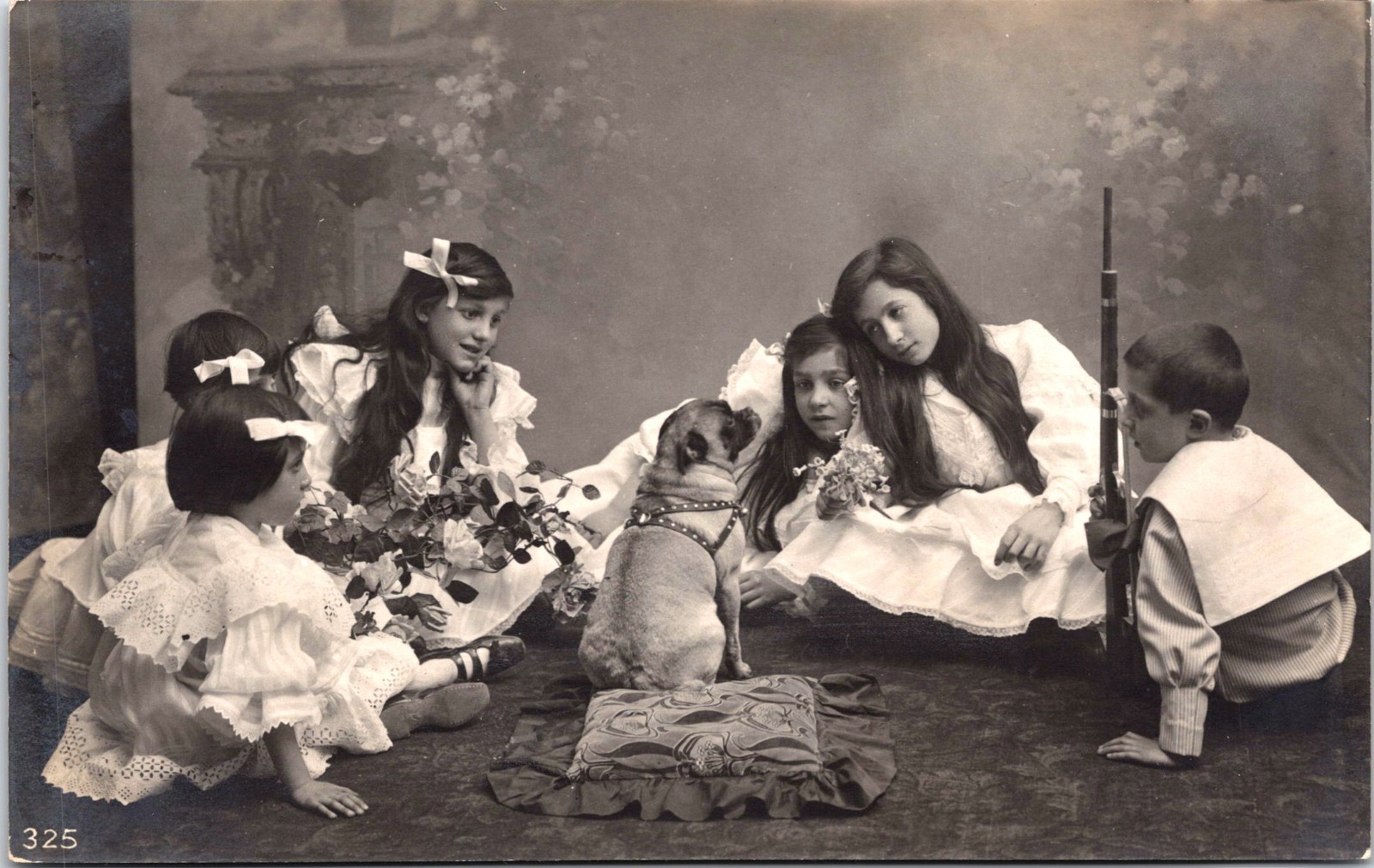 Five Girls : A Boy : Toy Rifle : Pug Dog : Children: Belgium : RPPC  c1907