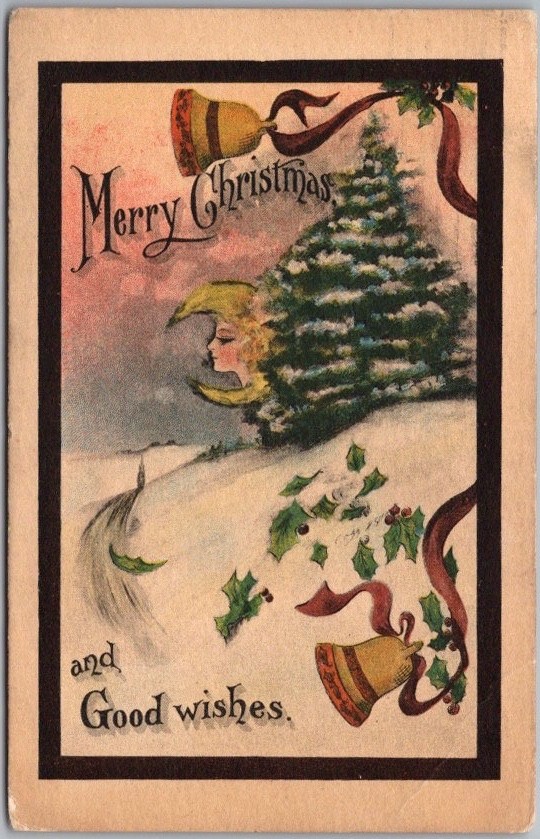 1913 MERRY CHRISTMAS Postcard Tree & Bells / Artist Cobb Shinn / Hand-Colored