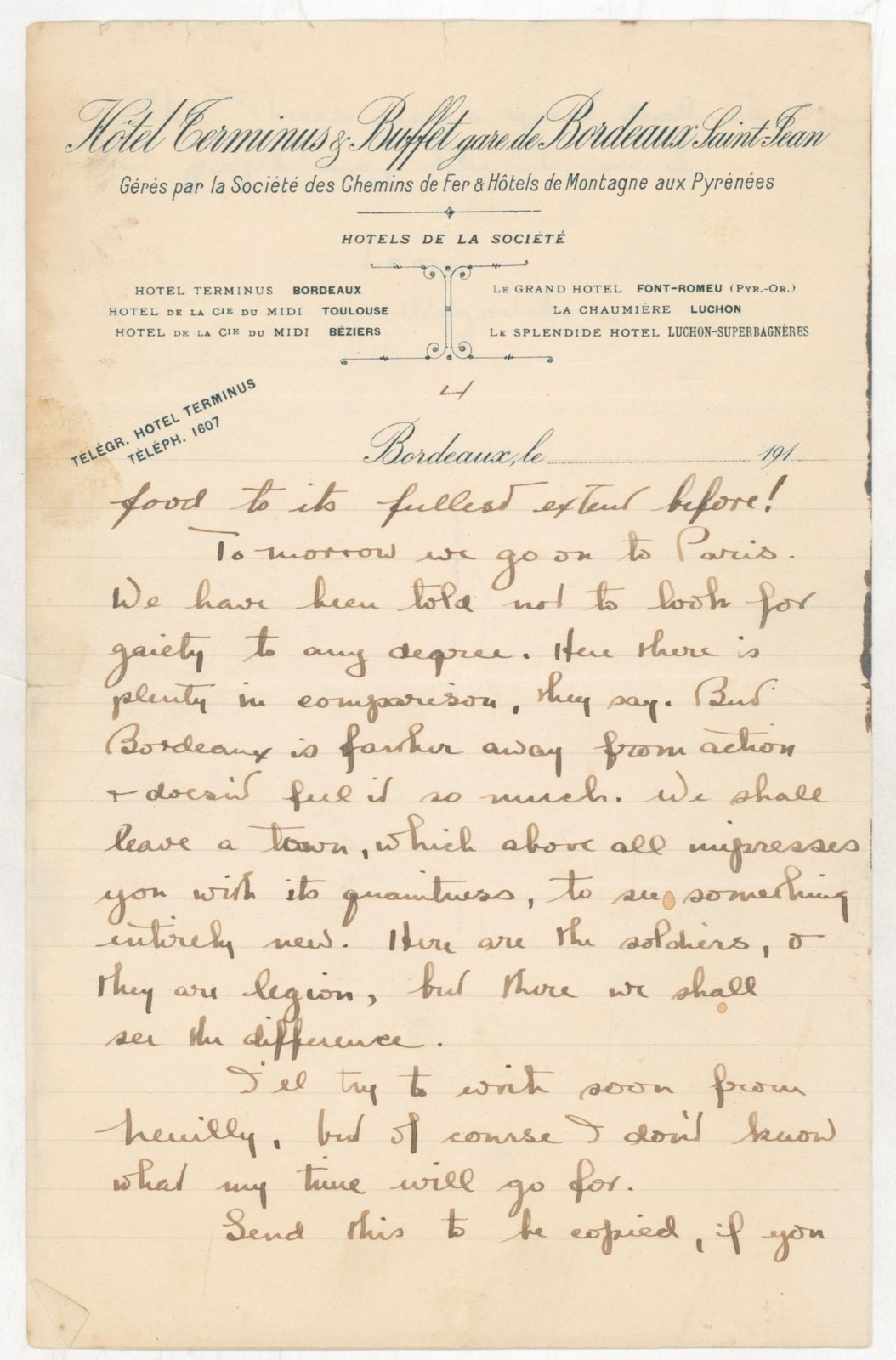 1914 WWI Bordeaux France Hotel Terminus Letter Soldiers Travel Paris Troops War