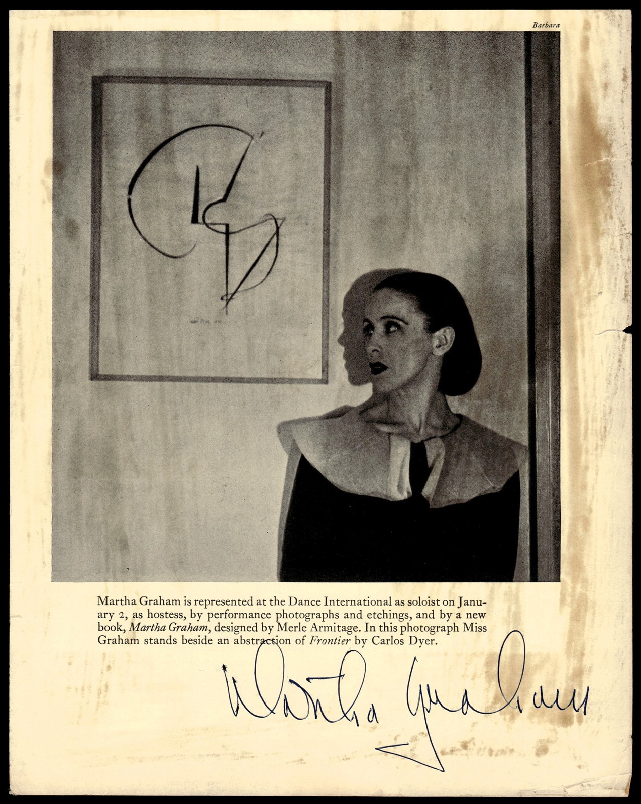 Martha Graham Dancer Choreographer Signed 8 x 10\