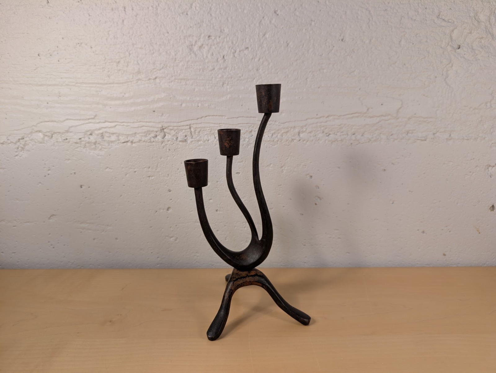 Vintage MCM Brutalist Cast Iron 3-Arm Candelabra Wavy Biomorphic Candle Holder