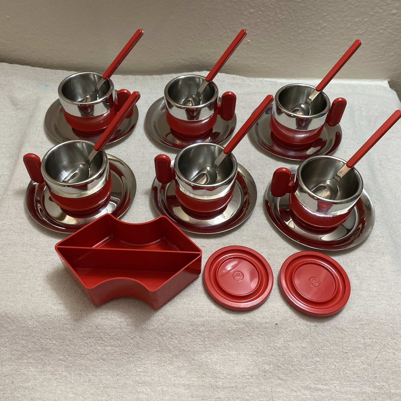 VTG 1970s MORINOX Italy 21 Pc Red MCM Espresso Cups Plates Spoons Caps Tray 