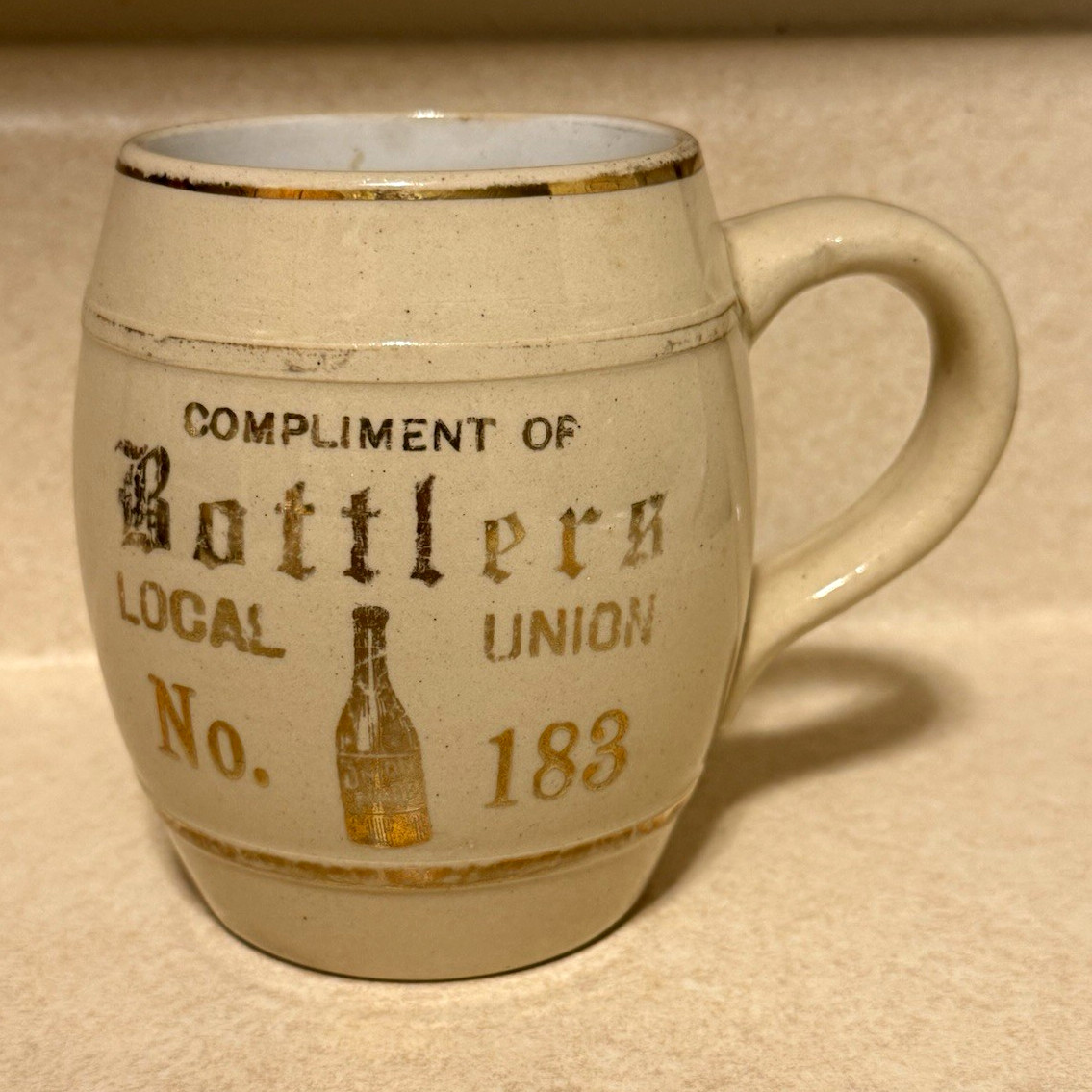 Bottlers Local Union No. 183 Ceramic Beer Mug w/ Crest Breweriana