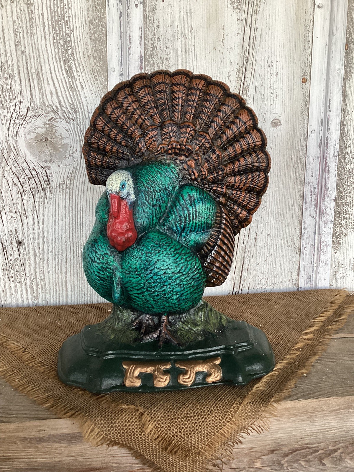 Vintage Cast Iron Painted Turkey Strut Door Stop Thanksgiving Fall 13