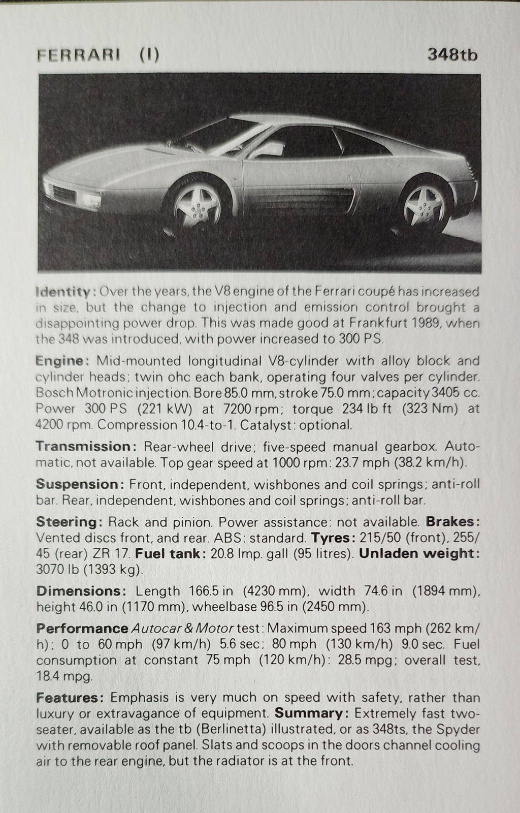 Ferrari Sports Car Picture Original Vintage Detail Info Sheet   