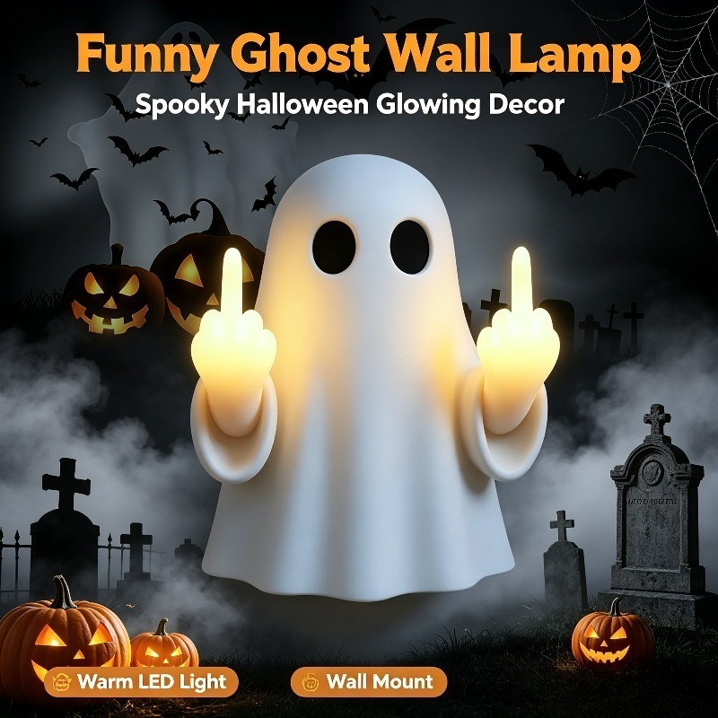 Halloween Ghost Wall Light, Cute Ghost Night Light with Middle Finger Gesture
