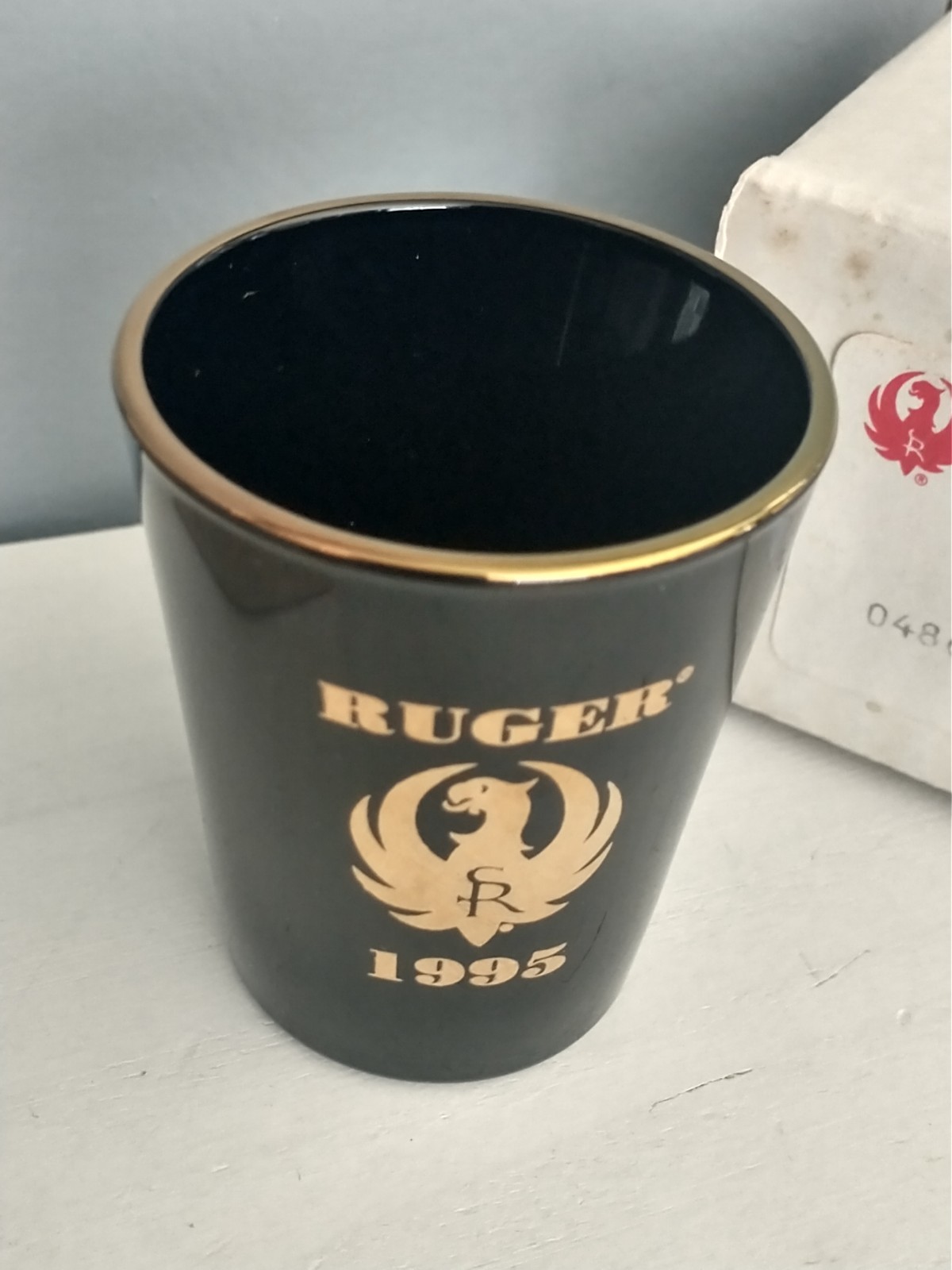 Sturm Ruger 10 Year Club Limited Edition Shot Glass 1995 Black / Gold Rim In Box