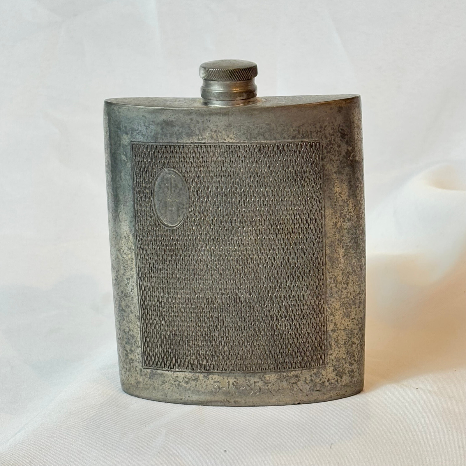 1985 Sheffield Rose English Pewter Hip Flask Alcohol Vessel Engraved JM