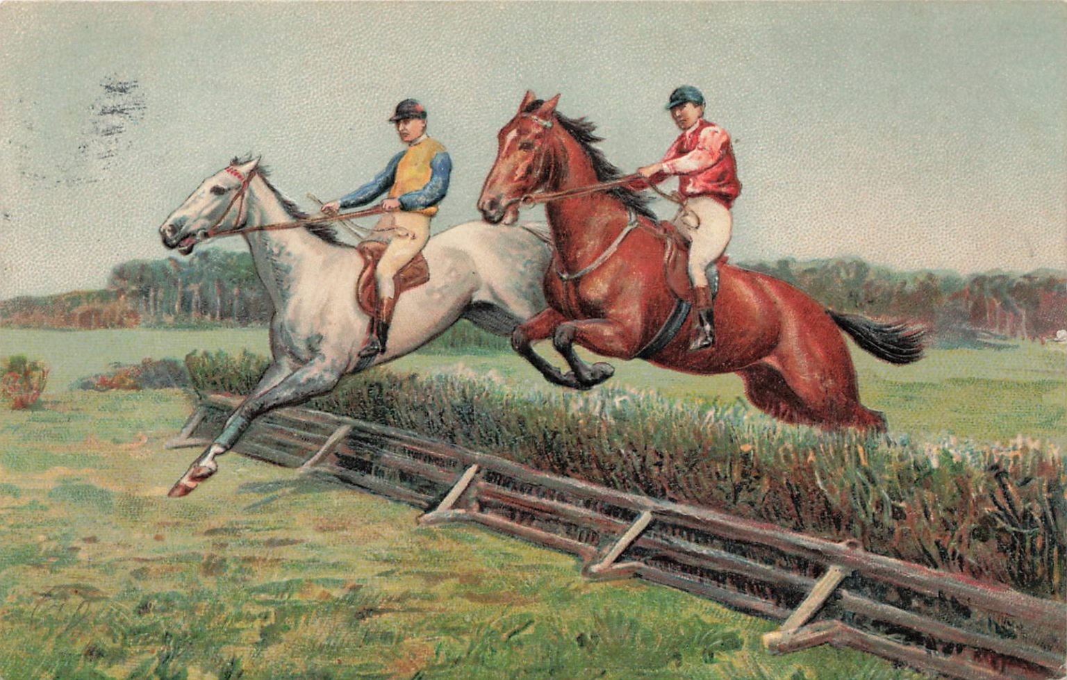 1907 Steeplechase Horse Racing Postcard Jockeys Jumping Fence New York Postmark
