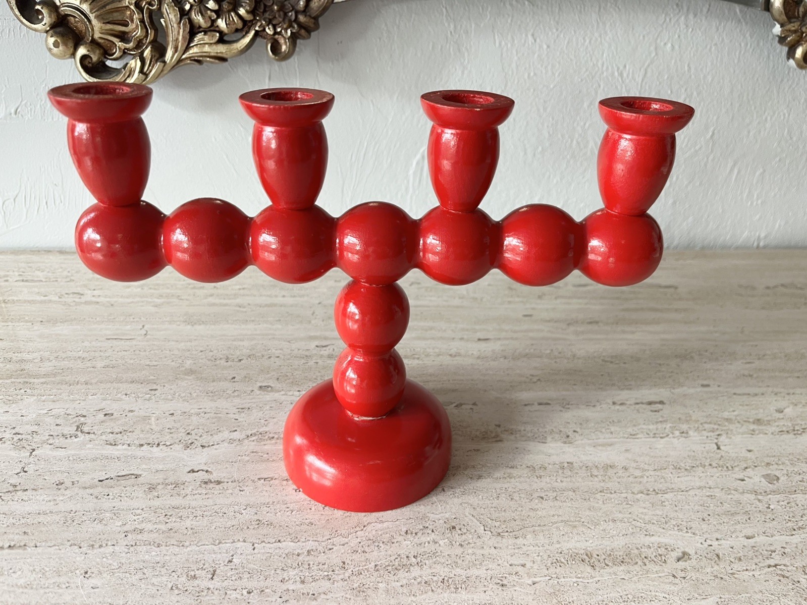 Swedish Cherry Red Wood Bobbin Candelabra Folk Art Candlestick Holder MCM