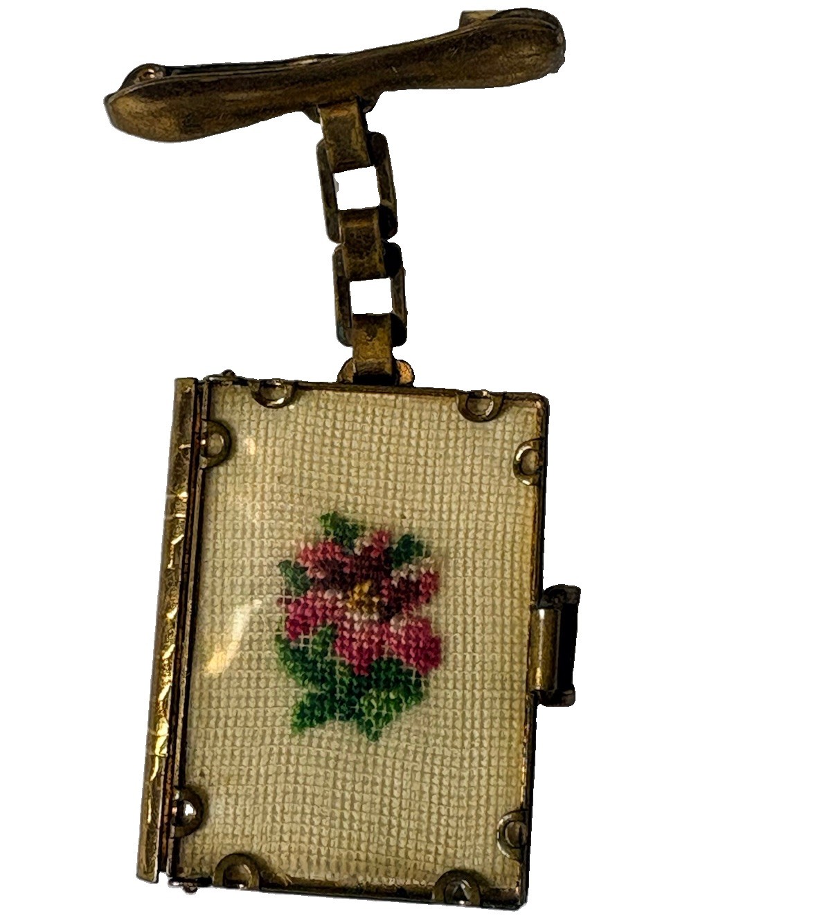 Vintage Austrian Petit Point Embroidered Brass Mini Souvenir Locket Booklet