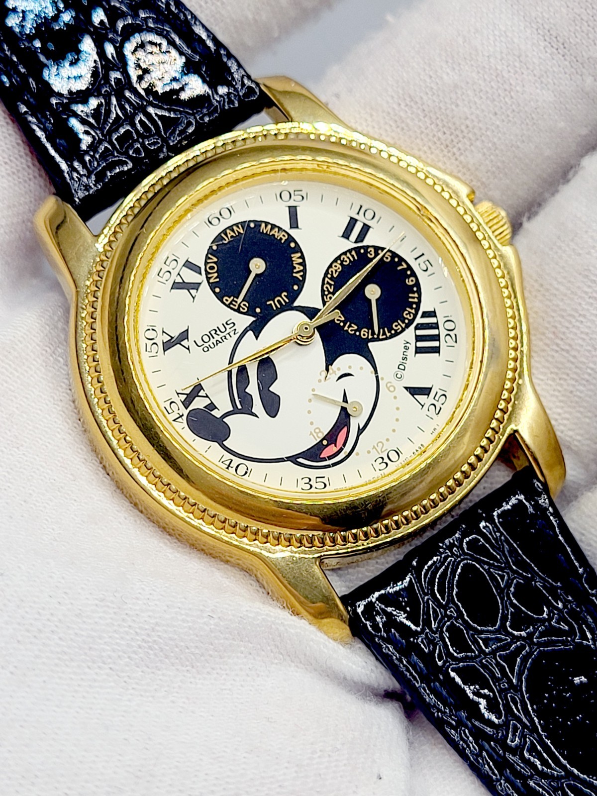 Seiko Lorus Mickey Mouse Watch 1990\'s [N MINT] 36mm Calendar Gold Tn New Battery