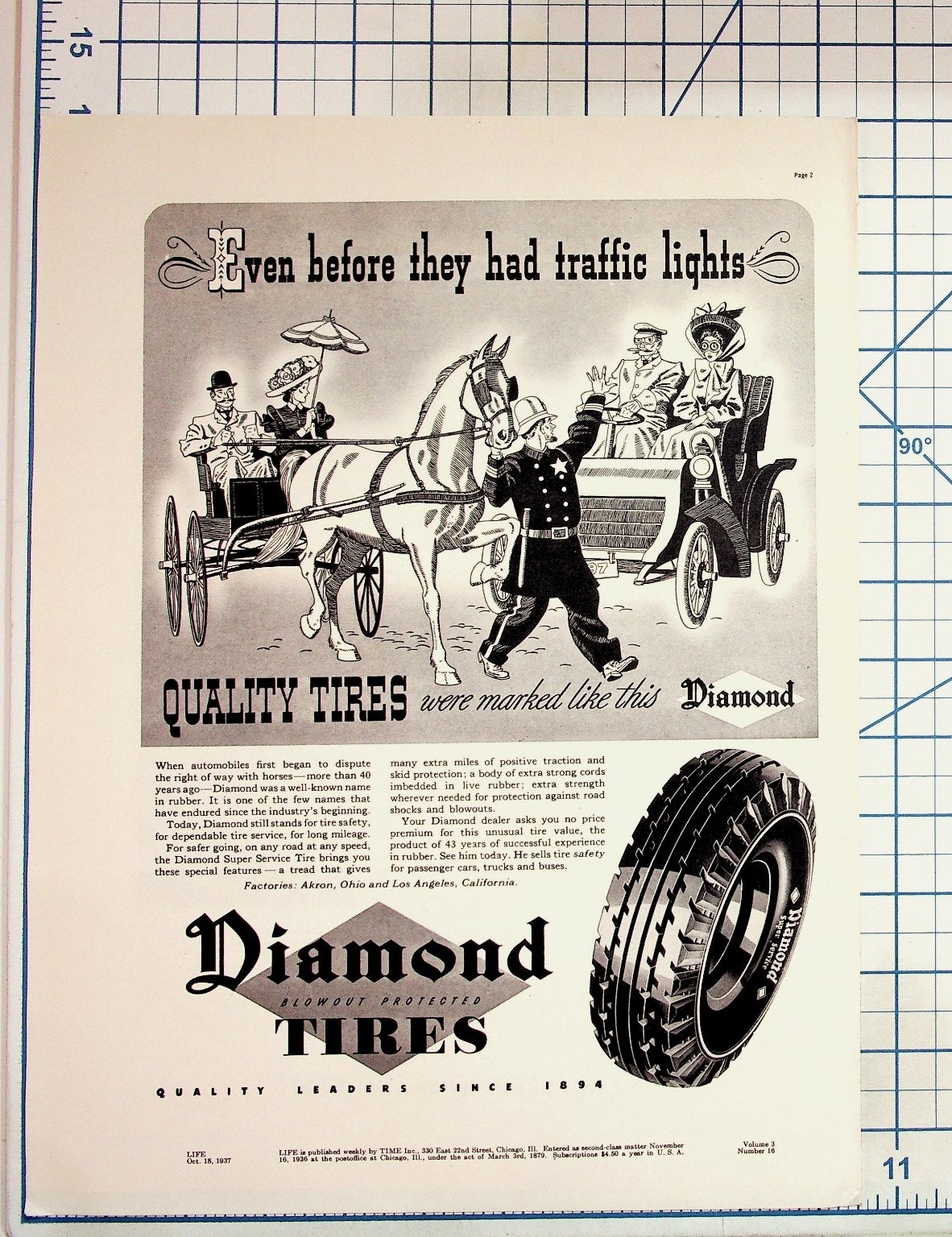 1937 Diamond Tires Vintage LIFE Magazine Ad Traffic Lights Horse Car Ohio