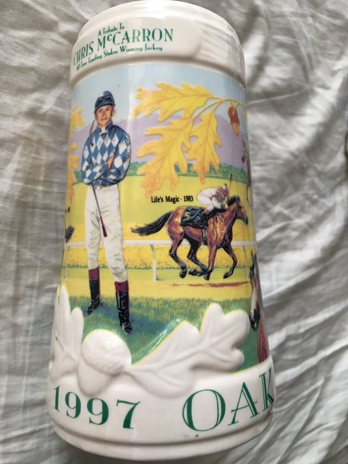 Chris McCarron 1997 Tribute Oak Tree Santa Anita ceramic beer mug stein tankard