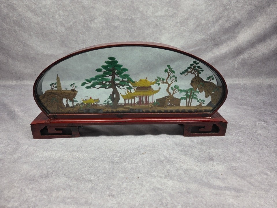 Vintage Chinese Cork Carving Diorama Pagoda With Cranes Lacquered Shadowbox Mcm