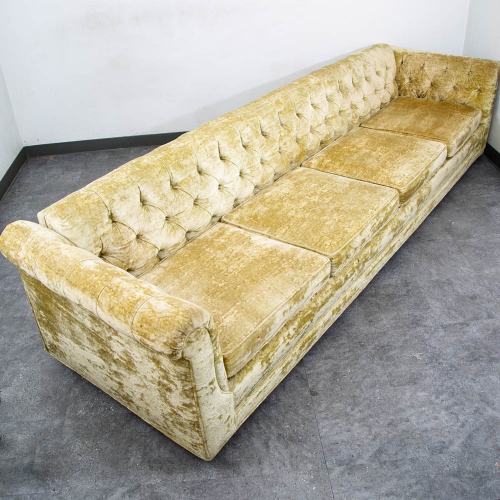 Mid Century Danish Modern Sofa Couch Green Velour 4 Seater Tufted Vintage Mcm
