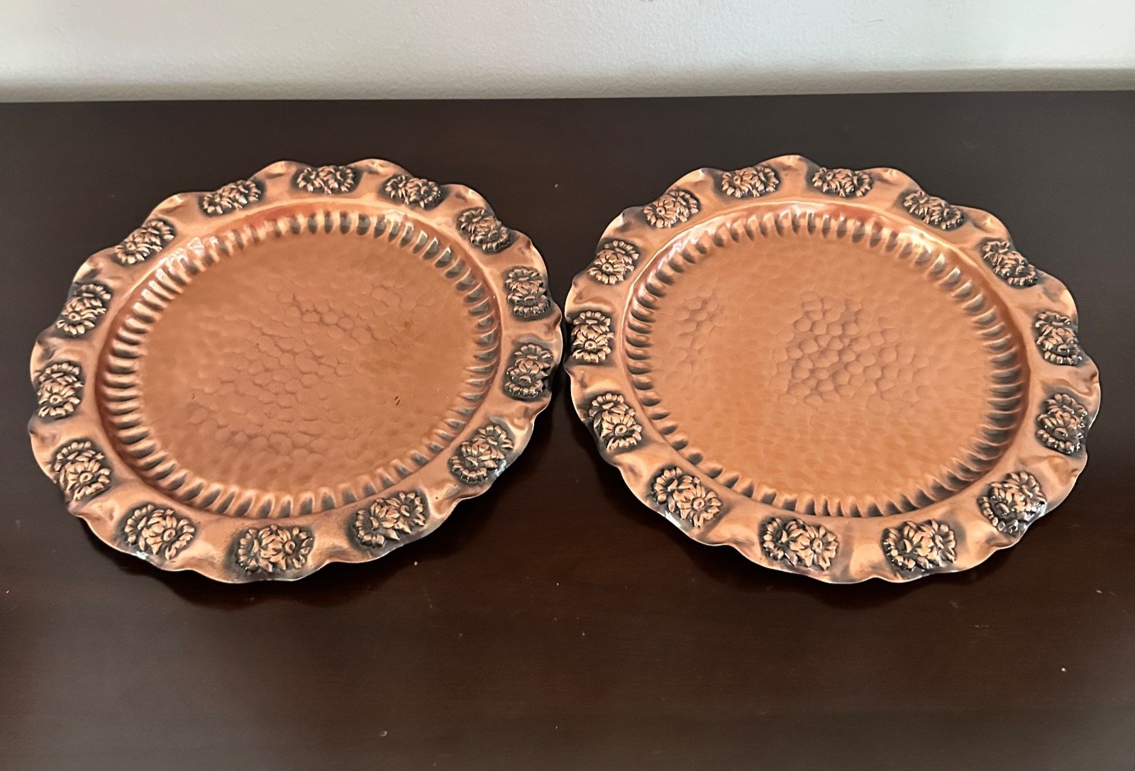 Vintage 2 Gregorian Copper Serving Plate Wall Hanging Made in USA Hand Hammered