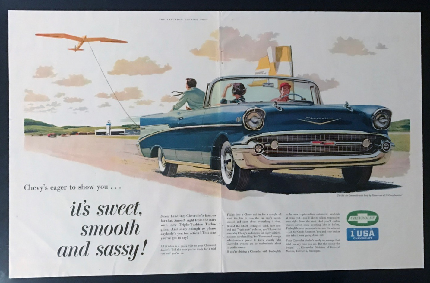 READY to DISPLAY* print 1957 Chevrolet Belair convertible*Original*Post car ad c