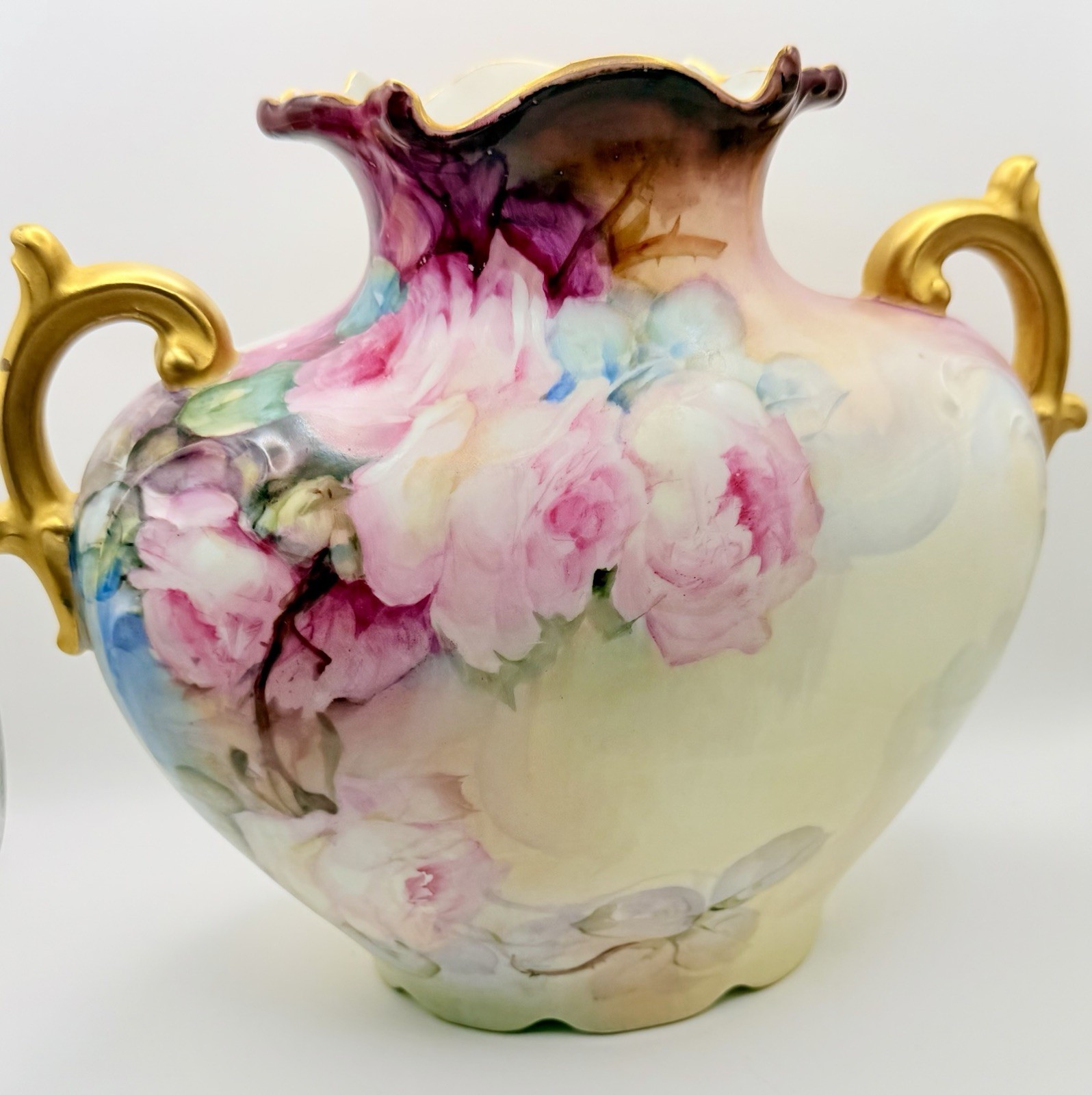 Antique JPL Limoges France Gold Handles Pillow Vase Hand Painted Pink Roses