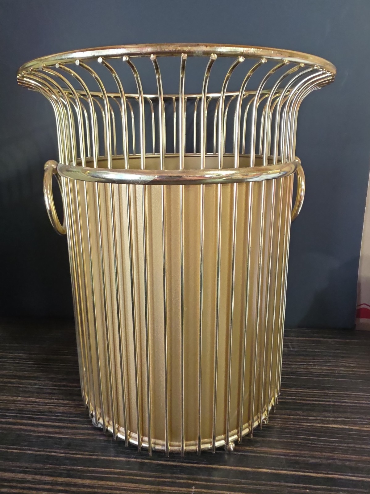 Vintage MCM Gold Wire Wastebasket Mid Century Atomic Hollywood Regency Trash Can
