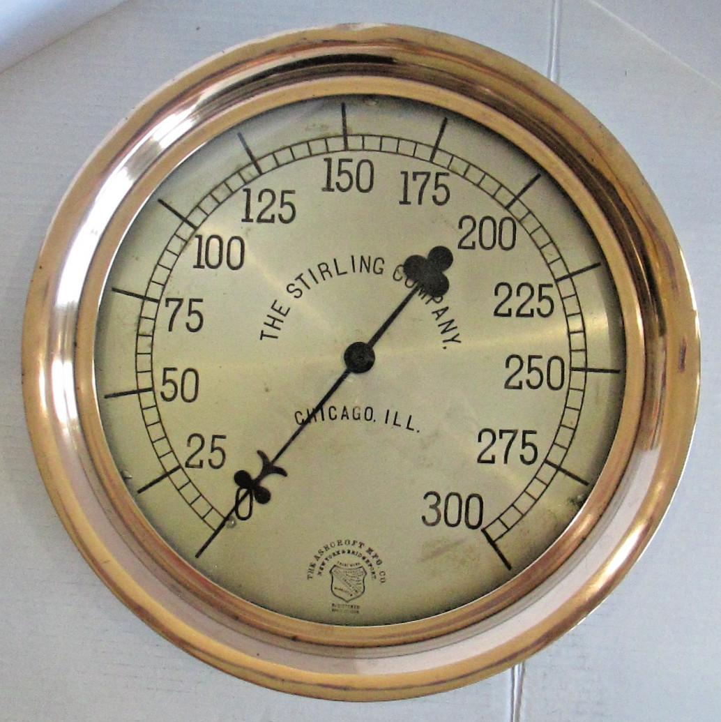 Antique Ashcroft Pressure Gauge THE STIRLING Co Brass Railroad Ship Engine 14
