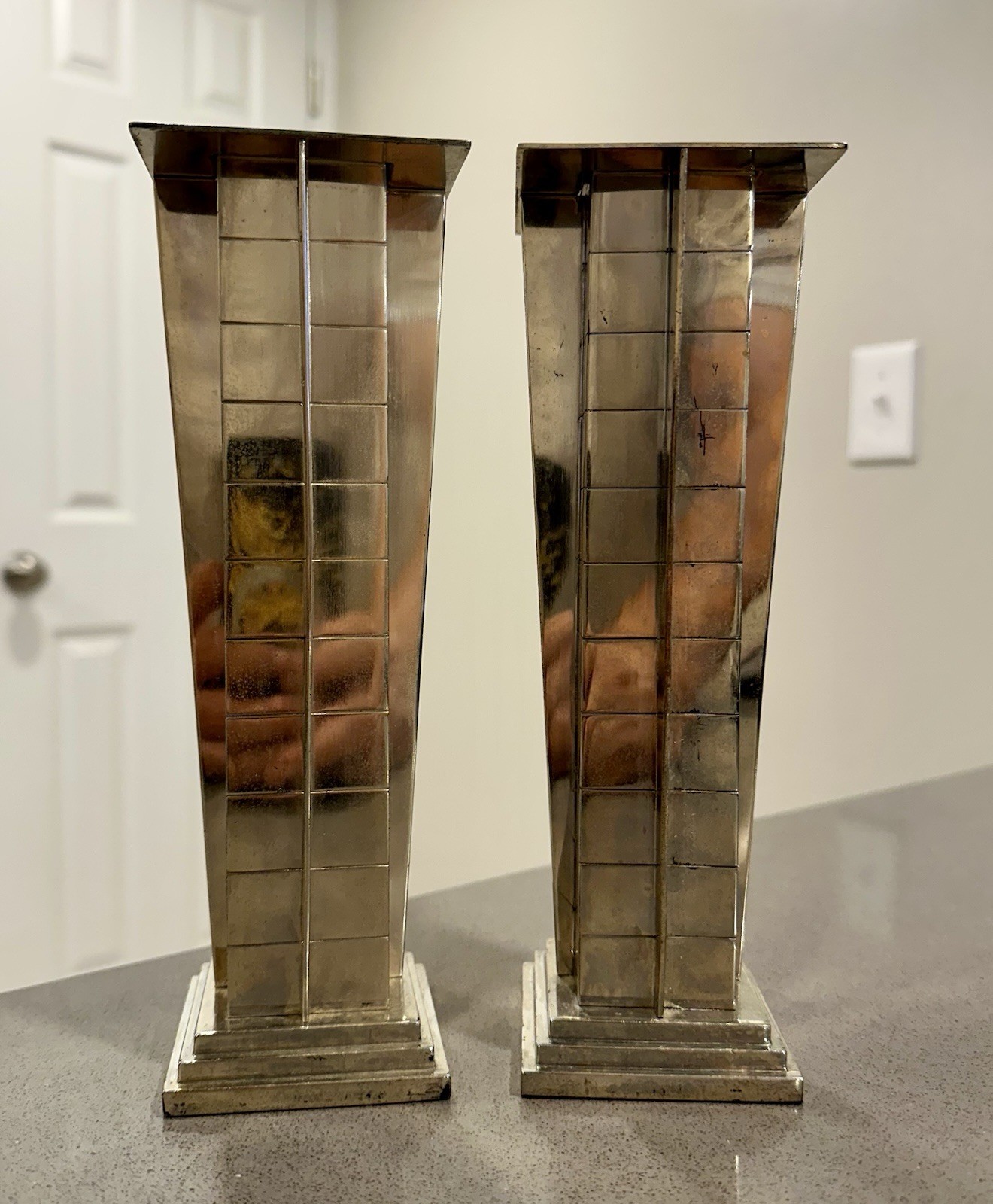 Pair Vintage Kirk Stieff Silver Plate Geometric Candlesticks Made in USA