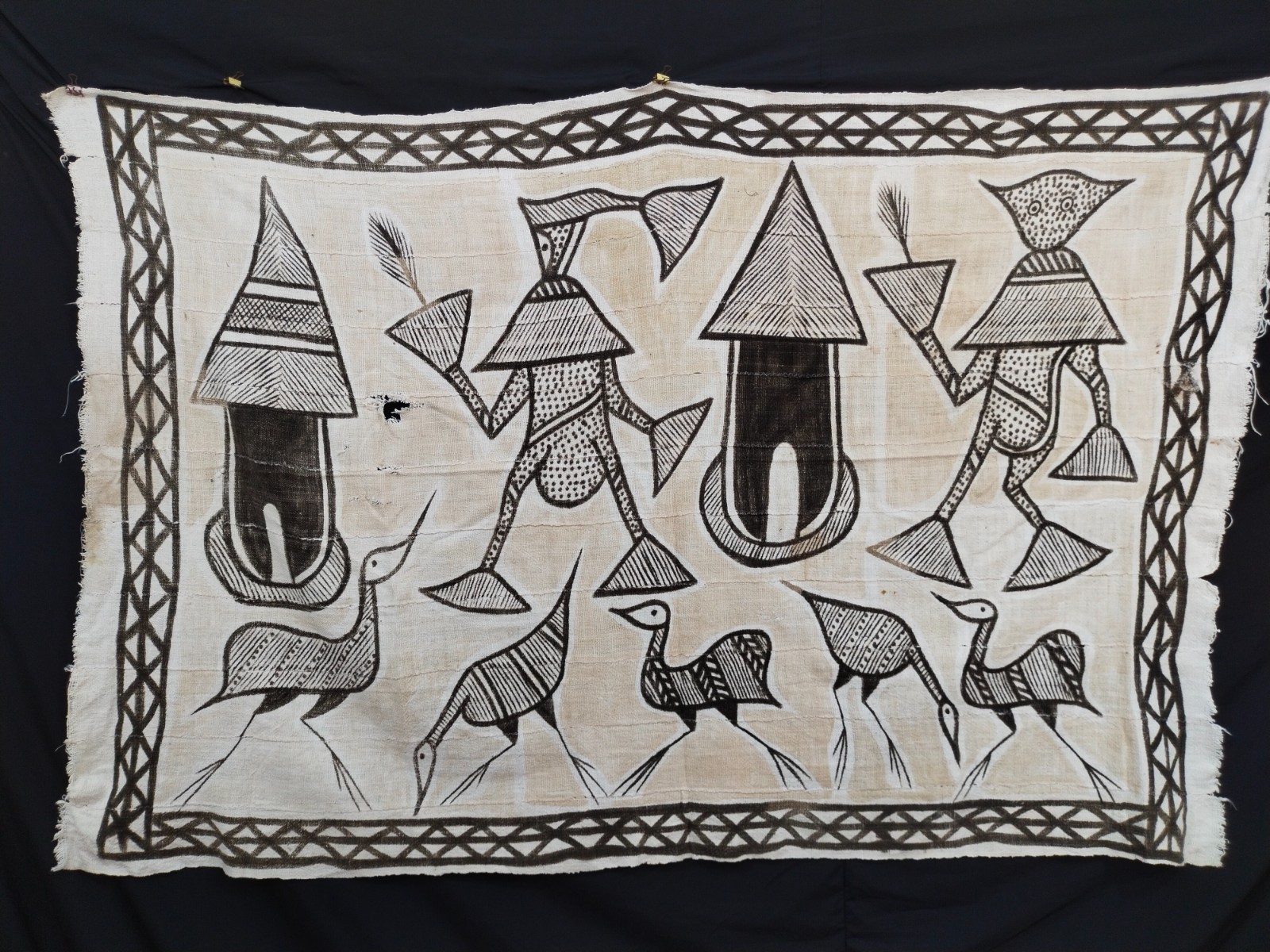 Vintage African Korhogo Mud Cloth Côte d’Ivoire Hand Painted Tribal Textile Rust